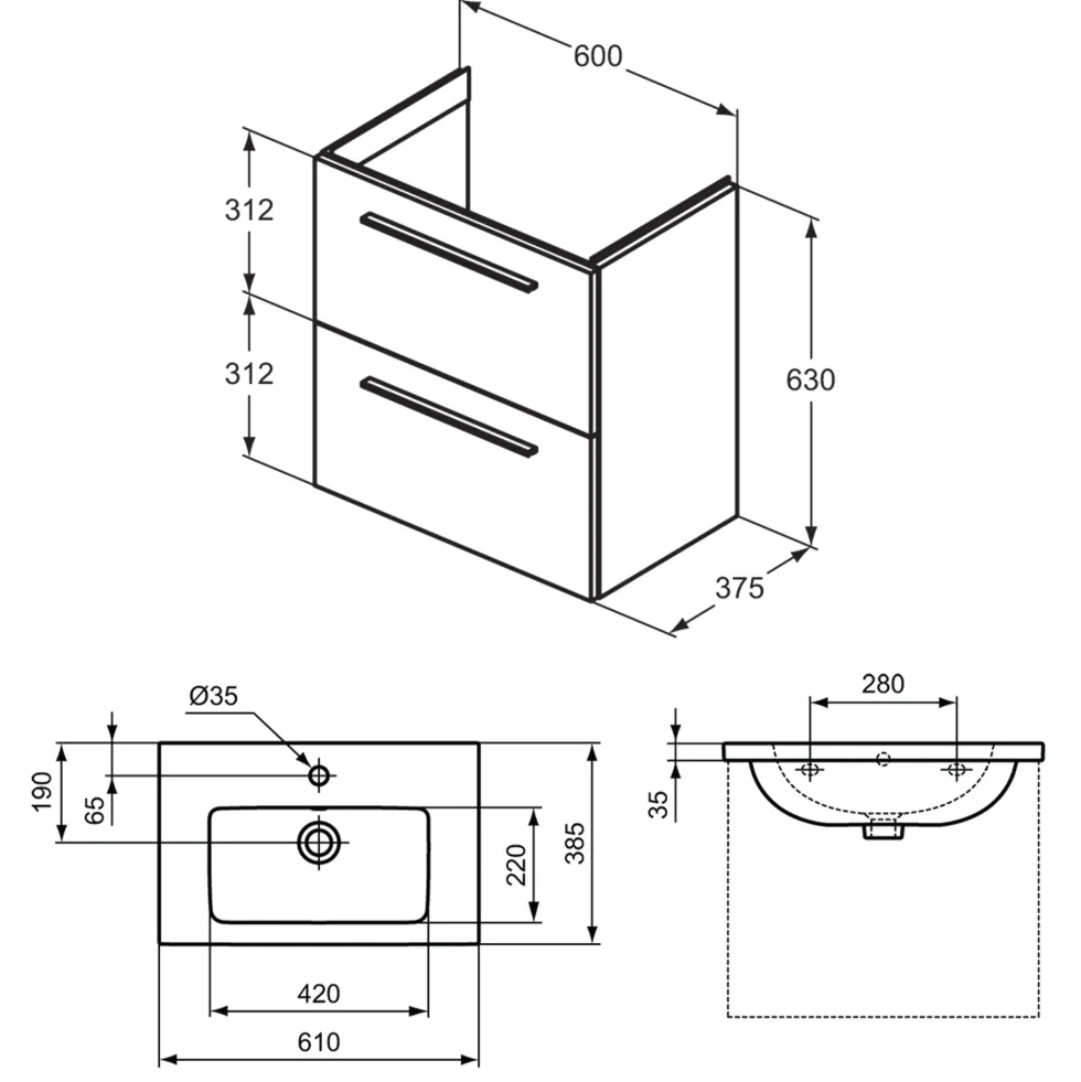 Ideal Standard i.life S 600mm Wall Mounted 2 Drawer Compact Vanity Unit & Basin