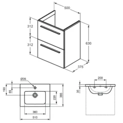 Ideal Standard i.life S 500mm Wall Mounted 2 Drawer Compact Vanity Unit & Basin