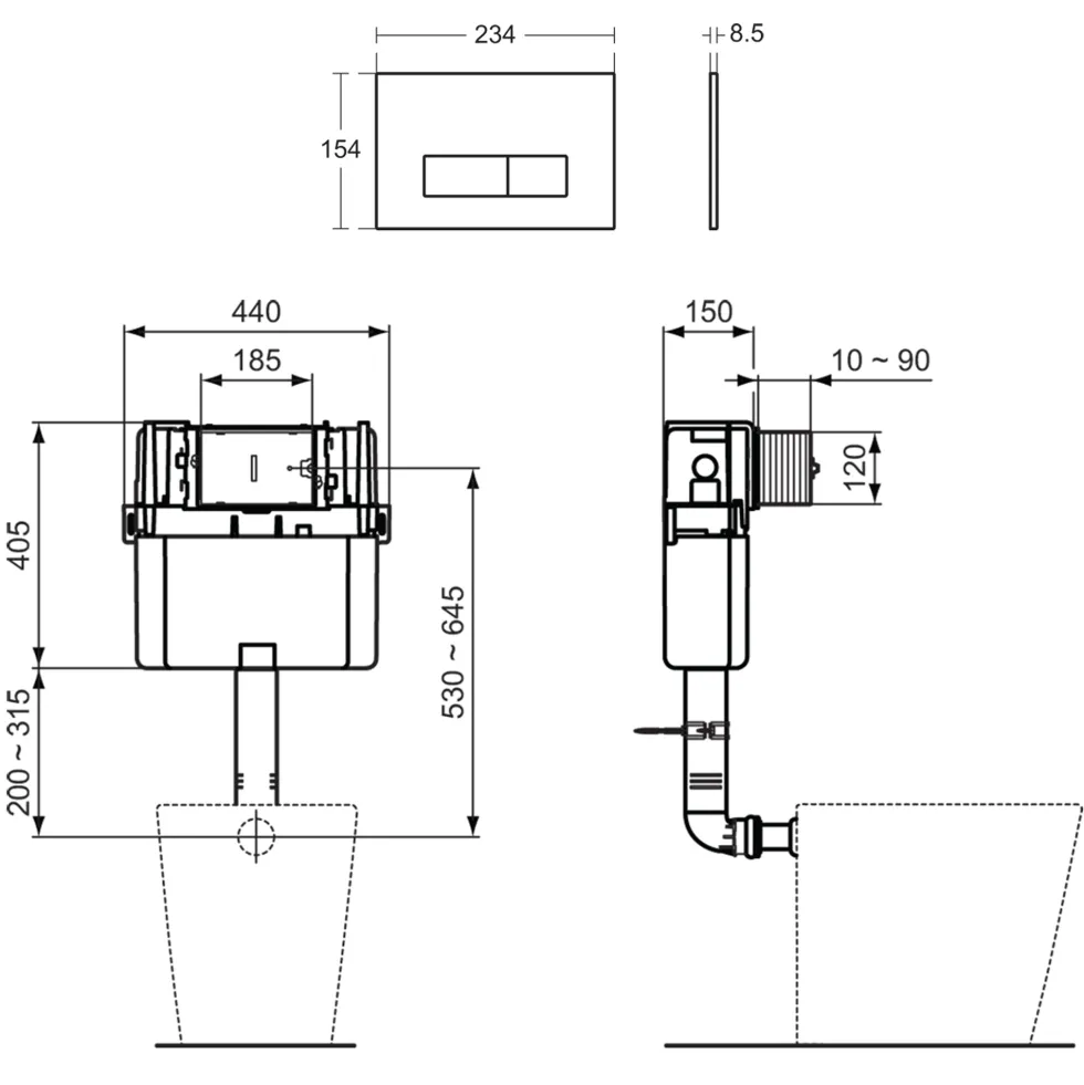 Ideal Standard ProSys WRAS Approved 150mm Depth Concealed Cistern & Chrome Dual Flush Plate