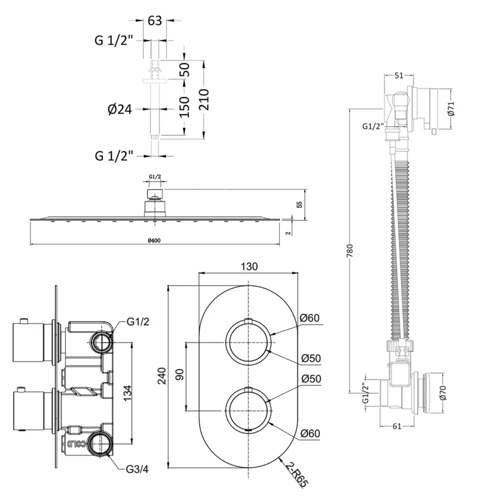 Imogen Concealed Shower Valve, Fixed Shower Head & Overflow Bath Filler