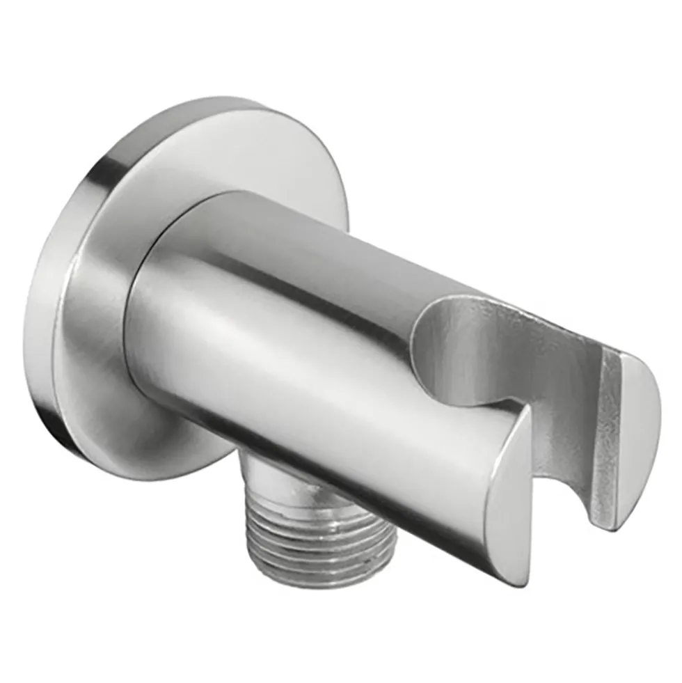 Inox Brushed Stainless Steel Round Shower Outlet Elbow with Handset Holder