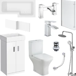 Jack Complete Bathroom Suite with 1700mm L Shaped Shower Bath & Rimless Toilet