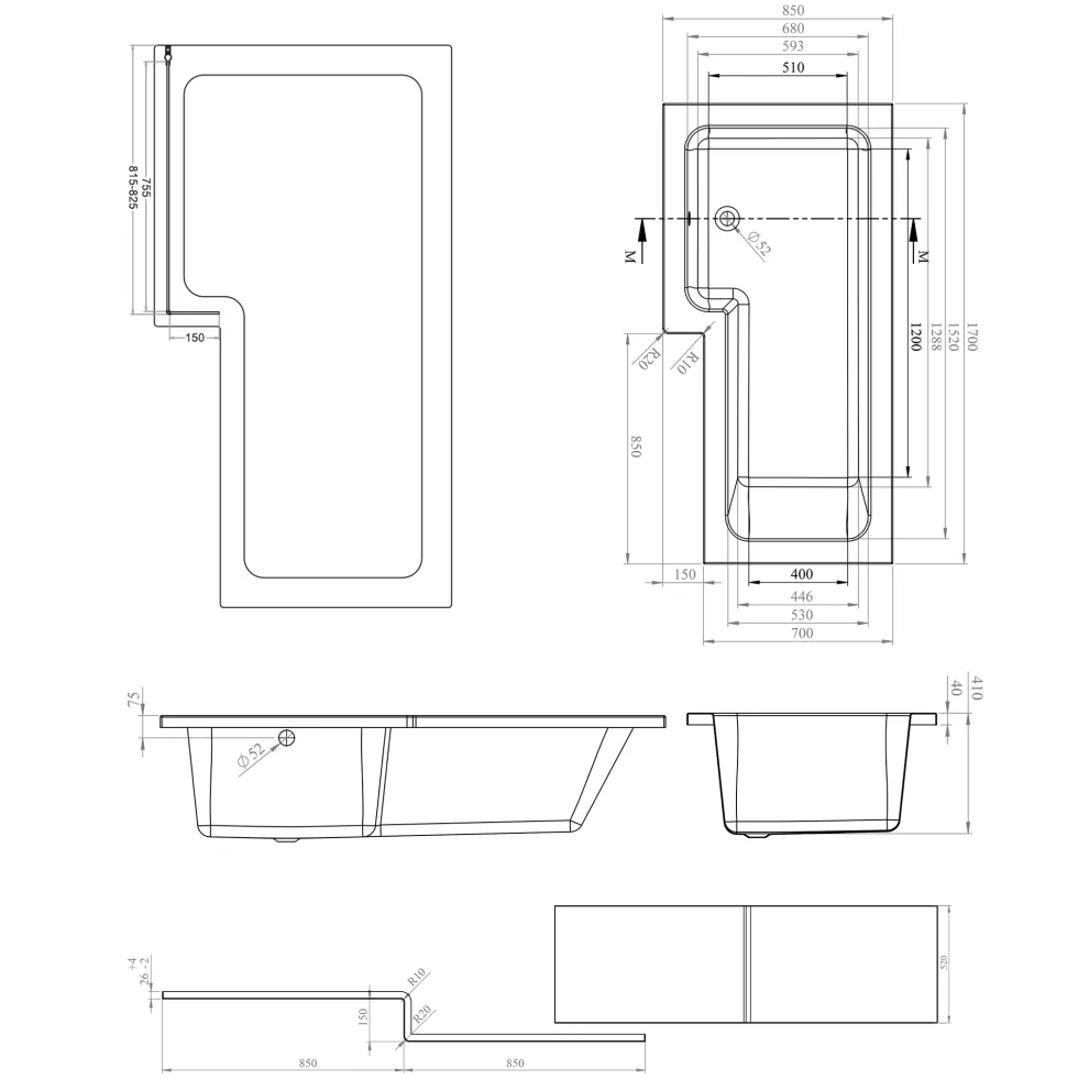 Jack Complete Bathroom Suite with 1700mm L Shaped Shower Bath & Rimless Toilet