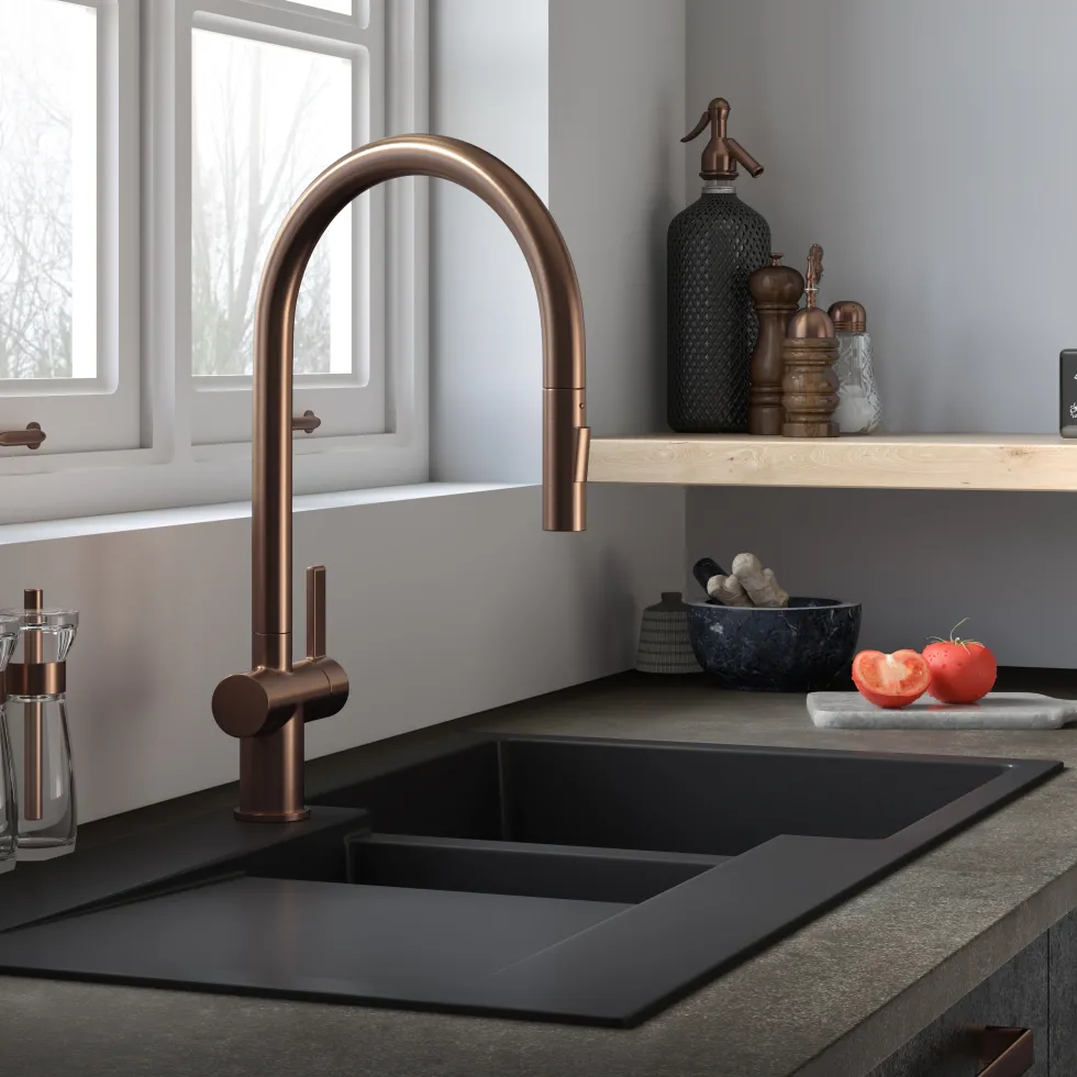 Just Taps VOS Pull Out Spray Single Lever Mono Kitchen Mixer - Brushed Bronze