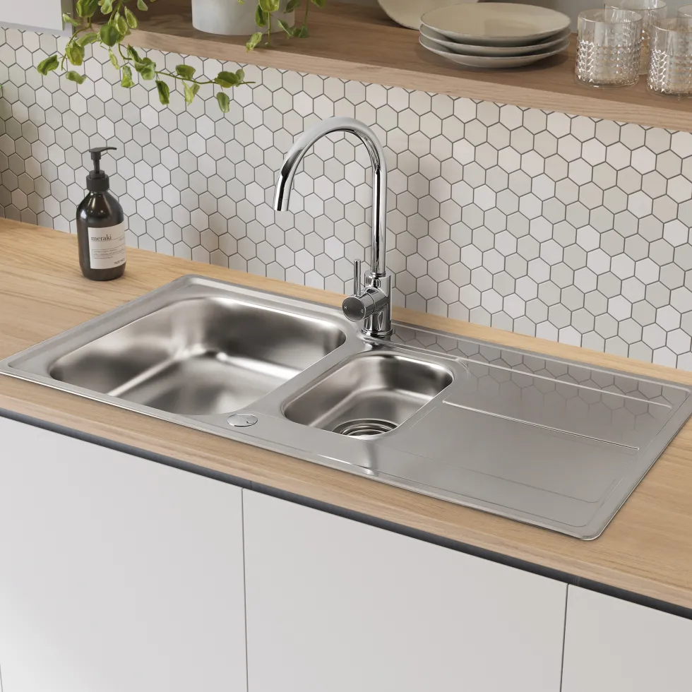 Leisure Aria 1.5 Bowl Satin Stainless Steel Kitchen Sink with Reversible Drainer - 950 x 508mm