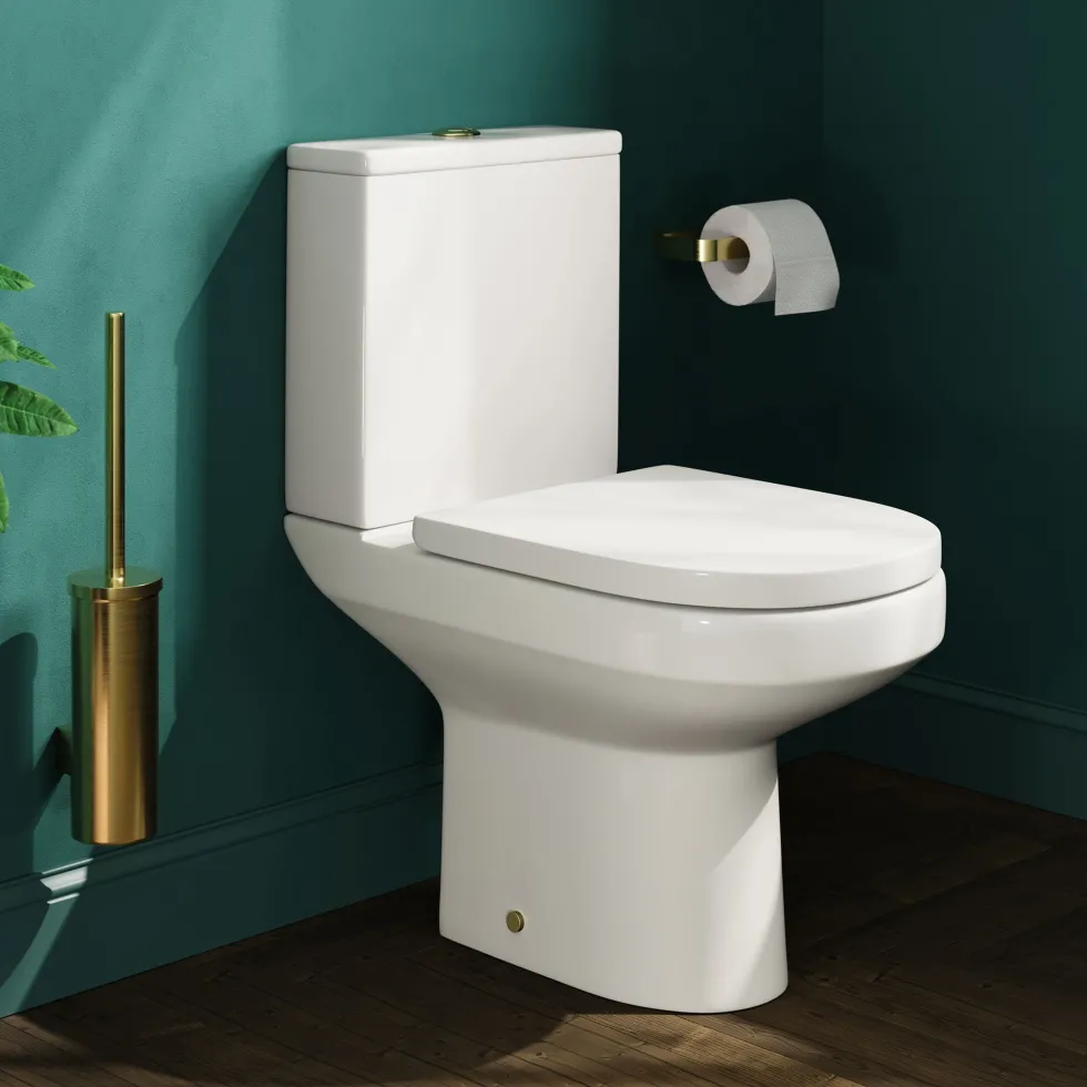 Lorraine Rimless Toilet & Vanity Unit Bathroom Suite with Brushed Brass Handles