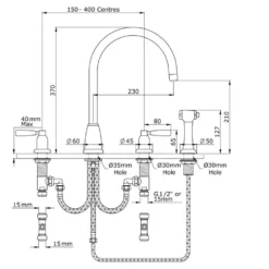 Perrin & Rowe Langbourn 4 Hole Curved Spout Mixer with Lever Handles & Pull-Out Rinse