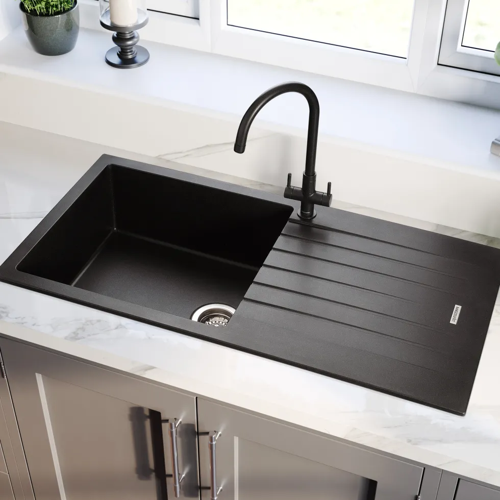 Rangemaster Andesite Large 1 Bowl Granite Igneous Ash Sink & Waste Kit with Reversible Drainer - 1000 x 500mm