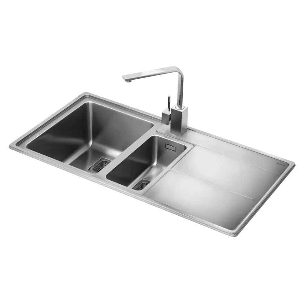 Rangemaster Arlington 1.5 Bowl Brushed Stainless Steel Sink & Waste Kit with Right Hand Drainer - 985 x 508mm