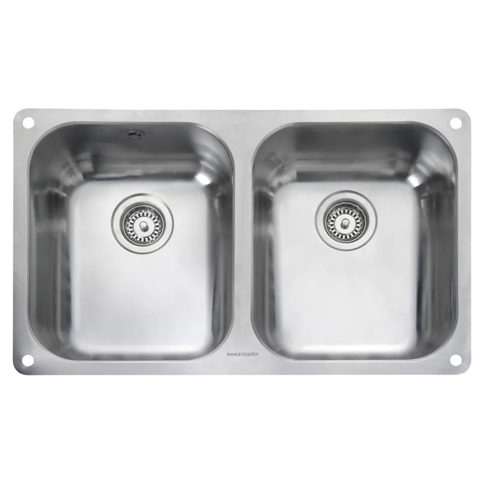 Rangemaster Atlantic Classic 2 Bowl Brushed Stainless Steel Undermount Sink & Waste Kit - 787 x 472mm