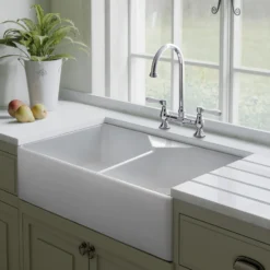 Rangemaster Double Bowl Belfast White Fireclay Ceramic Kitchen Sink & Waste Kit with Overflow - 795 x 491mm
