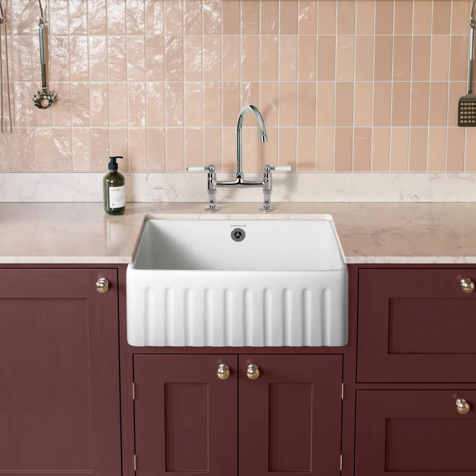 Rangemaster Harmony Fluted 1 Bowl White Fireclay Ceramic Sit On Belfast Sink & Waste Kit - 595 x 450mm