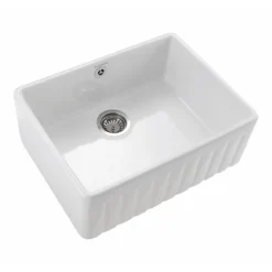 Rangemaster Harmony Fluted 1 Bowl White Fireclay Ceramic Sit On Belfast Sink & Waste Kit - 595 x 450mm