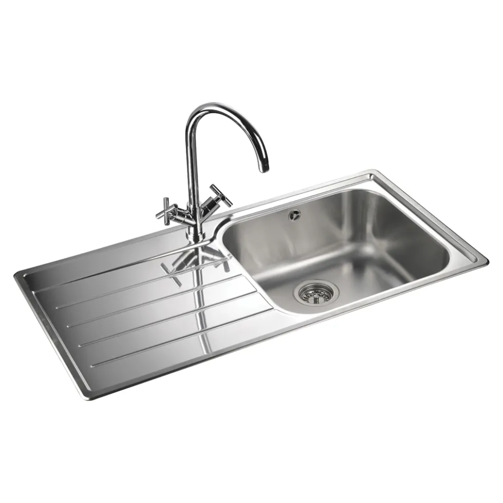Rangemaster Oakland 1 Bowl Brushed Stainless Steel Sink & Waste Kit with Left Hand Drainer - 985 x 508mm