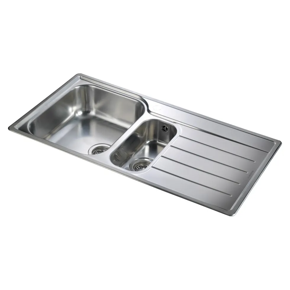 Rangemaster Oakland 1.5 Bowl Brushed Stainless Steel Sink & Waste Kit with Right Hand Drainer - 985 x 508mm