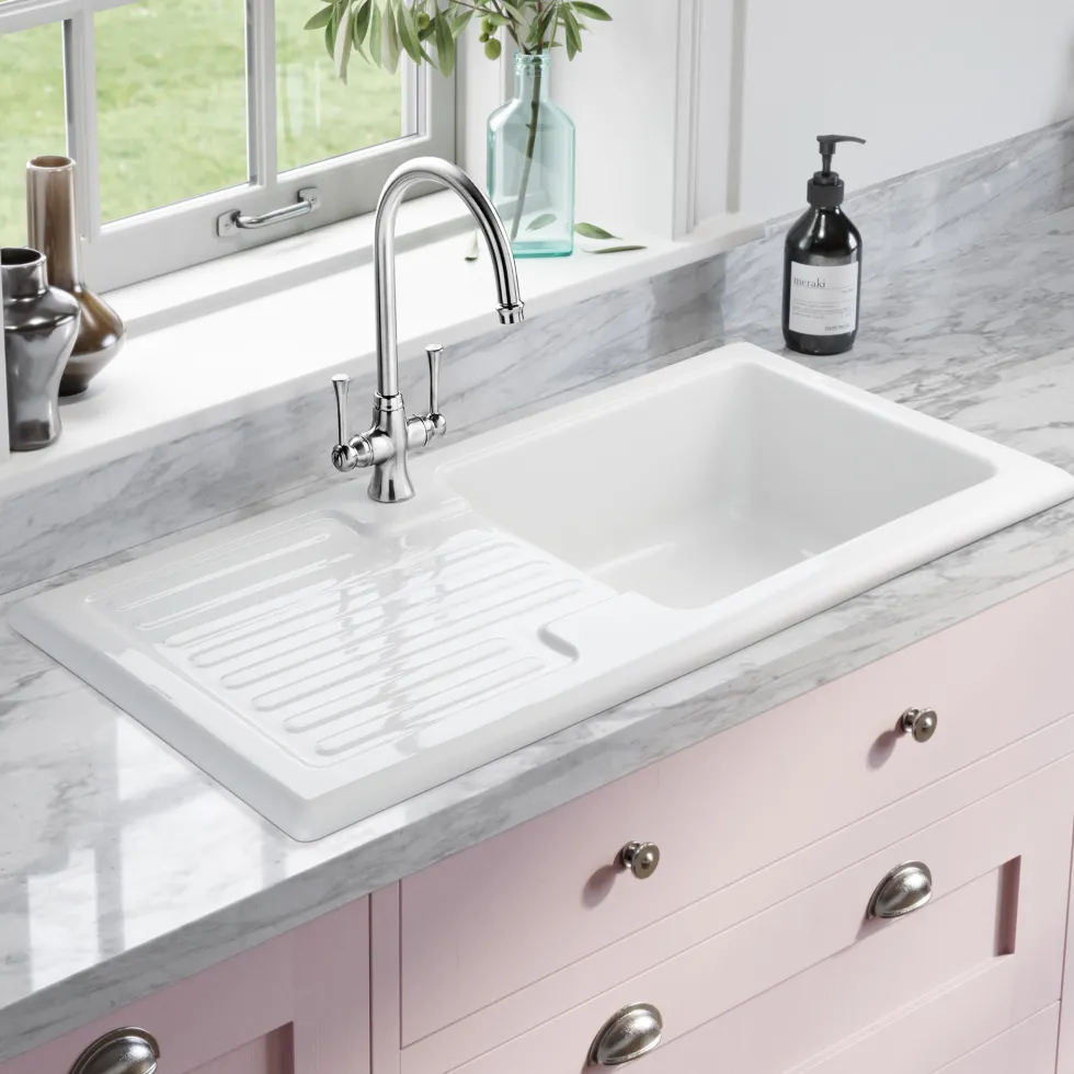 Rangemaster Rustic 1 Bowl White Ceramic Sink & Waste Kit with Reversible Drainer - 1000 x 500mm
