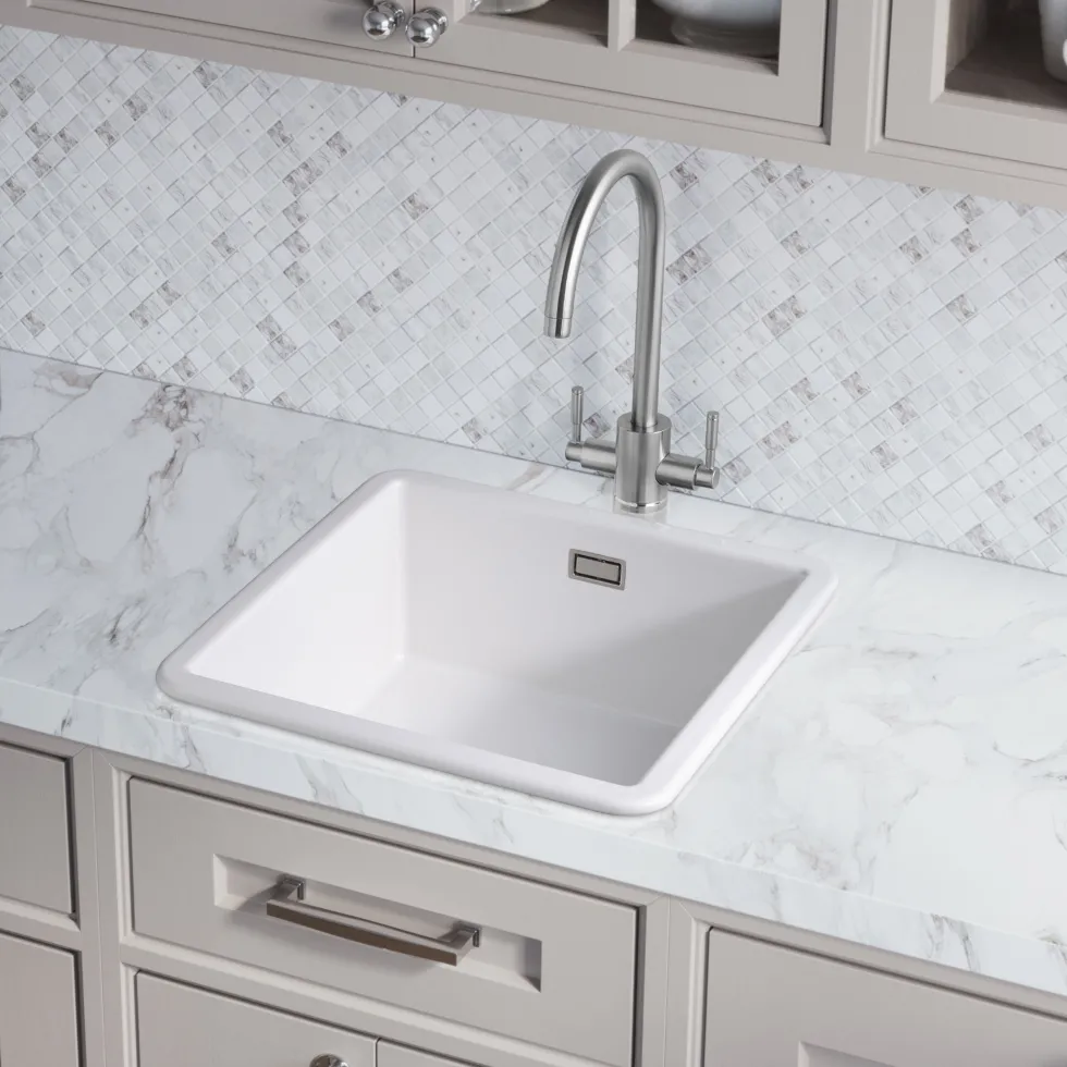 Rangemaster Rustique 1 Bowl Inset/Undermount Fireclay White Ceramic Kitchen Sink & Waste Kit - 462 x 462mm