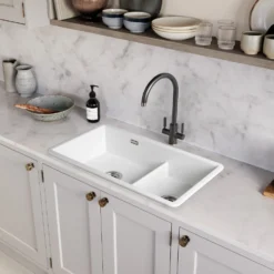 Rangemaster Rustique 2 Bowl Inset/Undermount Fireclay White Ceramic Kitchen Sink & Waste Kit - 796 x 462mm