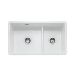 Rangemaster Rustique 2 Bowl Inset/Undermount Fireclay White Ceramic Kitchen Sink & Waste Kit - 796 x 462mm