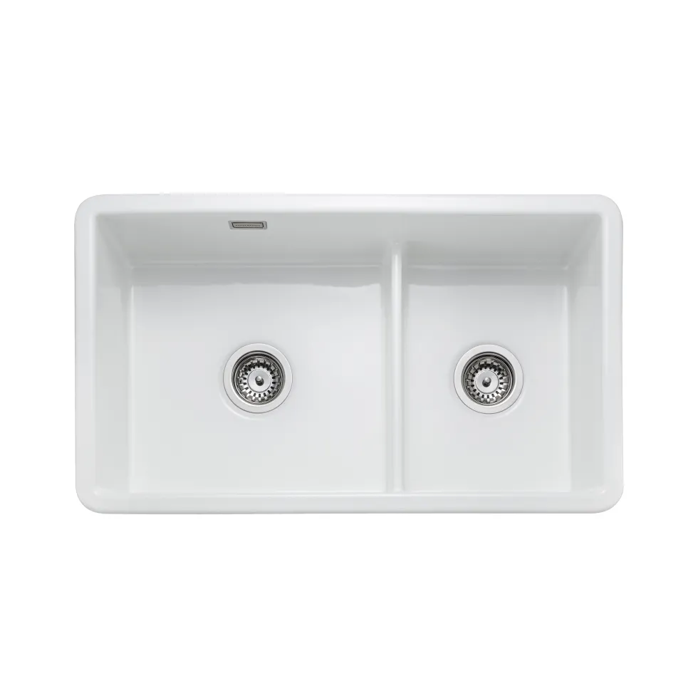 Rangemaster Rustique 2 Bowl Inset/Undermount Fireclay White Ceramic Kitchen Sink & Waste Kit - 796 x 462mm