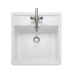 Rangemaster Sandwood 1 Bowl White Fireclay Ceramic Sit-On Belfast Sink With Tap Ledge & Waste Kit - 597 x 630mm