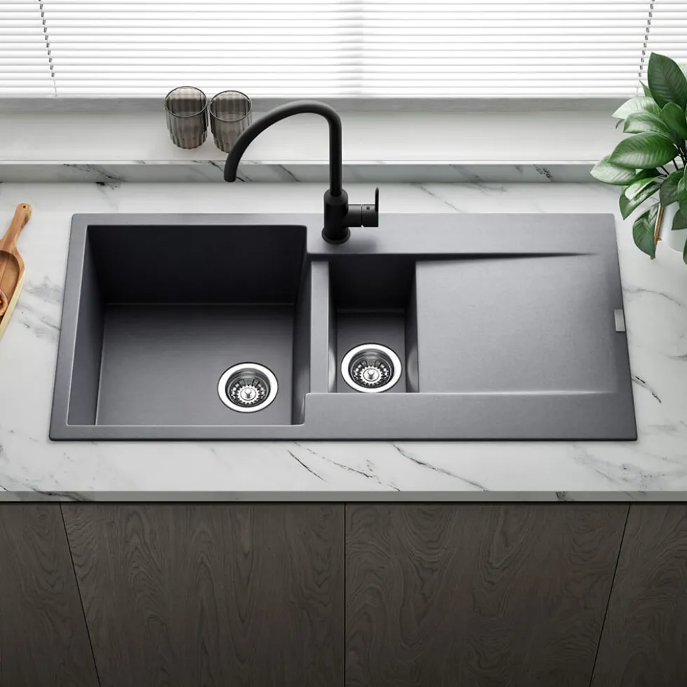 Reginox Amsterdam 1.5 Bowl Granite Composite Kitchen Sink & Waste Kit with Reversible Drainer - 1000 x 500mm