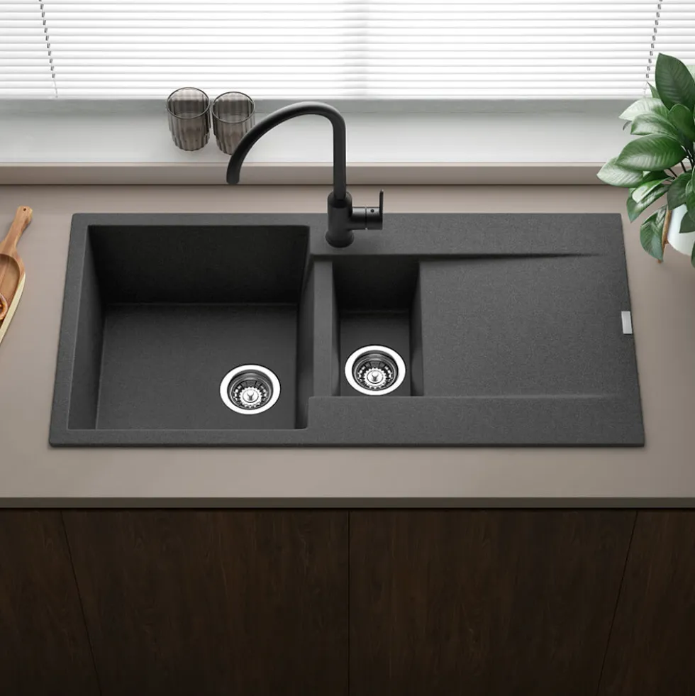 Reginox Amsterdam 1.5 Bowl Granite Composite Kitchen Sink & Waste Kit with Reversible Drainer - 1000 x 500mm