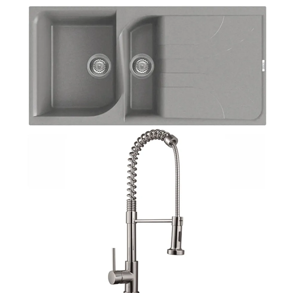 Reginox Ego Titanium Grey Granite Composite 1.5 Bowl Kitchen Sink & Vellamo FlexiSpray Mixer Tap