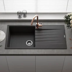 Reginox Harlem 1 Bowl Black Silvery Granite Composite Sink & Waste Kit and Vellamo Koro Black Mono Kitchen Mixer