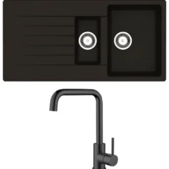 Reginox Harlem 1.5 Bowl Black Silvery Granite Composite Sink & Waste Kit and Vellamo Koro Black Mono Kitchen Mixer