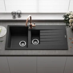 Reginox Harlem 1.5 Bowl Black Silvery Granite Composite Sink & Waste Kit and Vellamo Koro Black Mono Kitchen Mixer
