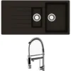 Reginox Harlem 1.5 Bowl Black Silvery Granite Composite Sink & Waste Kit and Vellamo Hanbury Pull Out Mono Kitchen Mixer