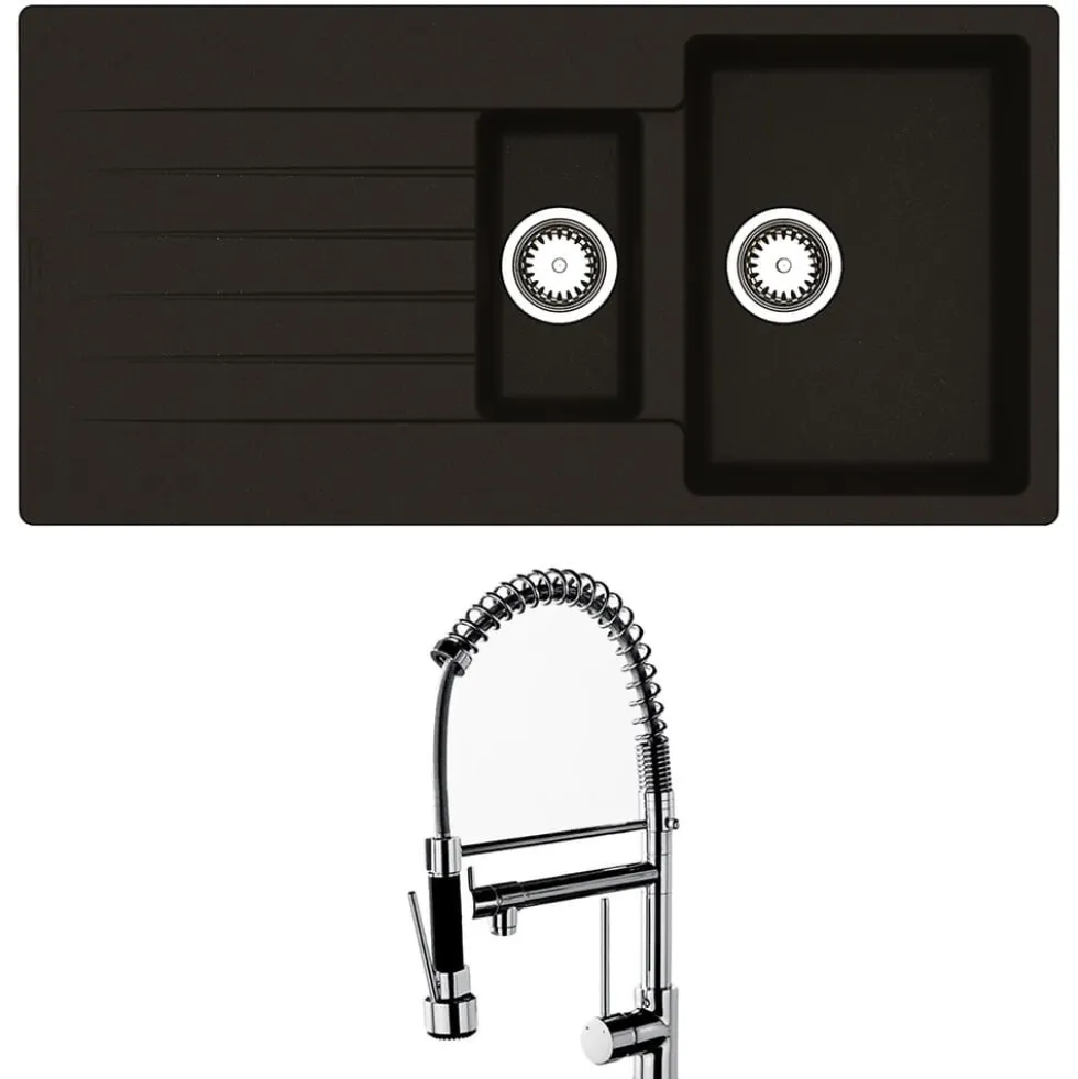Reginox Harlem 1.5 Bowl Black Silvery Granite Composite Sink & Waste Kit and Vellamo Hanbury Pull Out Mono Kitchen Mixer