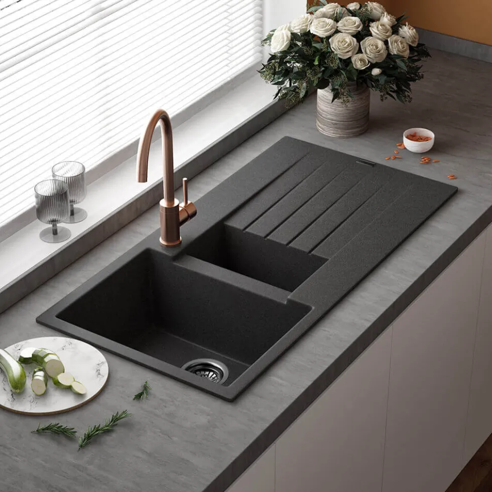 Reginox Harlem 1.5 Bowl Black Silvery Granite Composite Sink & Waste Kit and Vellamo Hanbury Pull Out Mono Kitchen Mixer