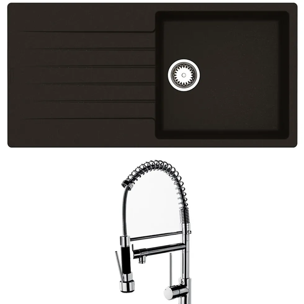 Reginox Harlem 1 Bowl Black Silvery Granite Composite Sink & Waste Kit and Vellamo Hanbury Pull Out Mono Kitchen Mixer