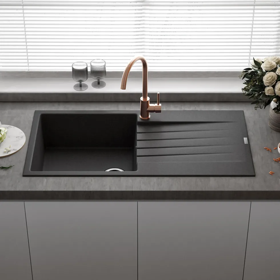Reginox Harlem 1 Bowl Black Silvery Granite Composite Sink & Waste Kit and Vellamo Hanbury Pull Out Mono Kitchen Mixer