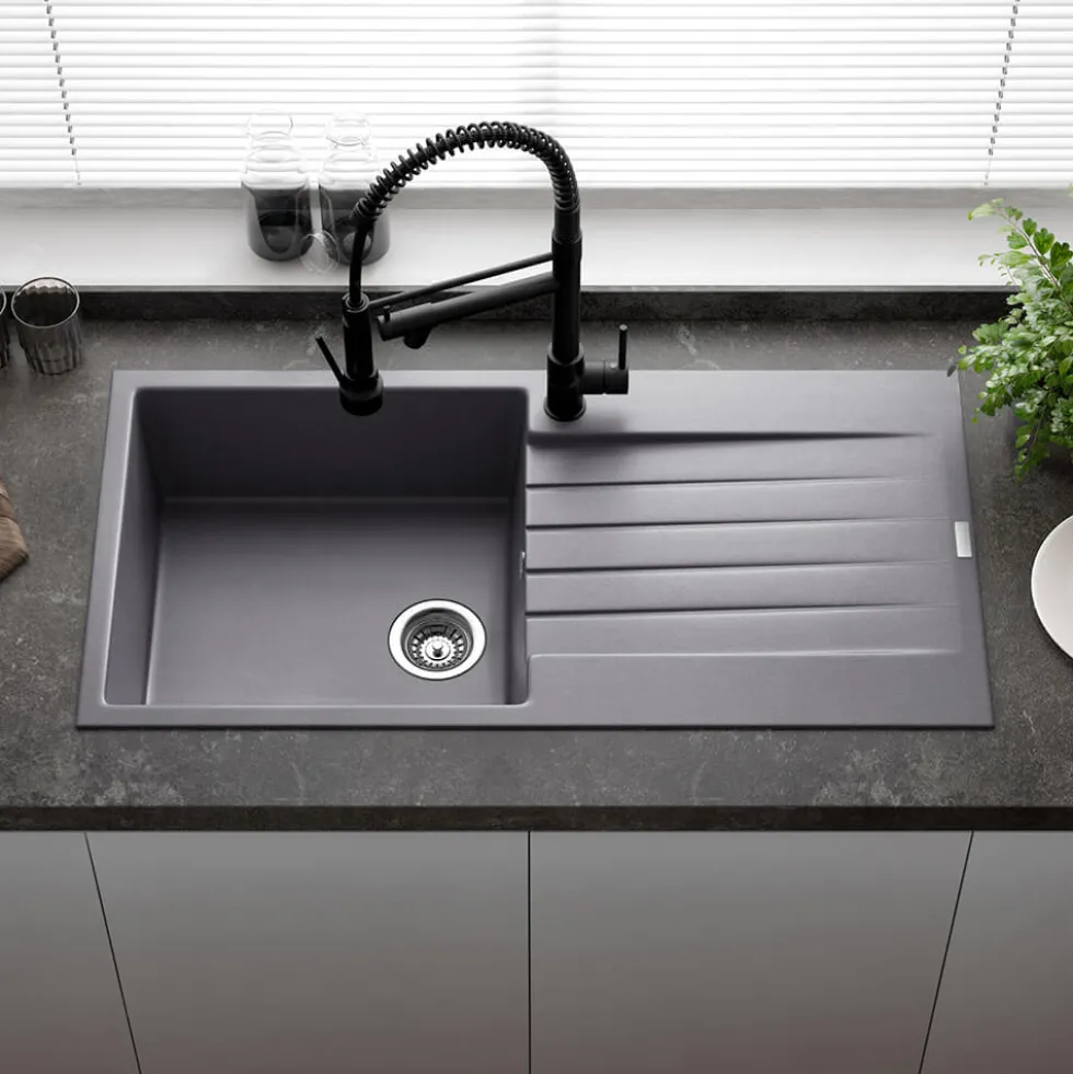 Reginox Harlem 1 Bowl Grey Silvery Granite Composite Sink & Waste Kit and Vellamo Revolve Stainless Steel Mono Kitchen Mixer