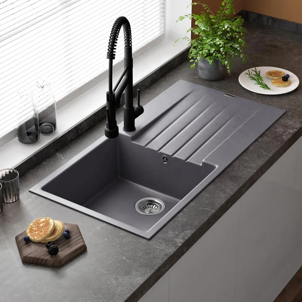 Reginox Harlem 1 Bowl Grey Silvery Granite Composite Sink & Waste Kit and Vellamo Revolve Stainless Steel Mono Kitchen Mixer