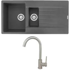 Reginox Harlem 1.5 Bowl Grey Silvery Granite Composite Sink & Waste Kit and Vellamo Revolve Stainless Steel Mono Kitchen Mixer