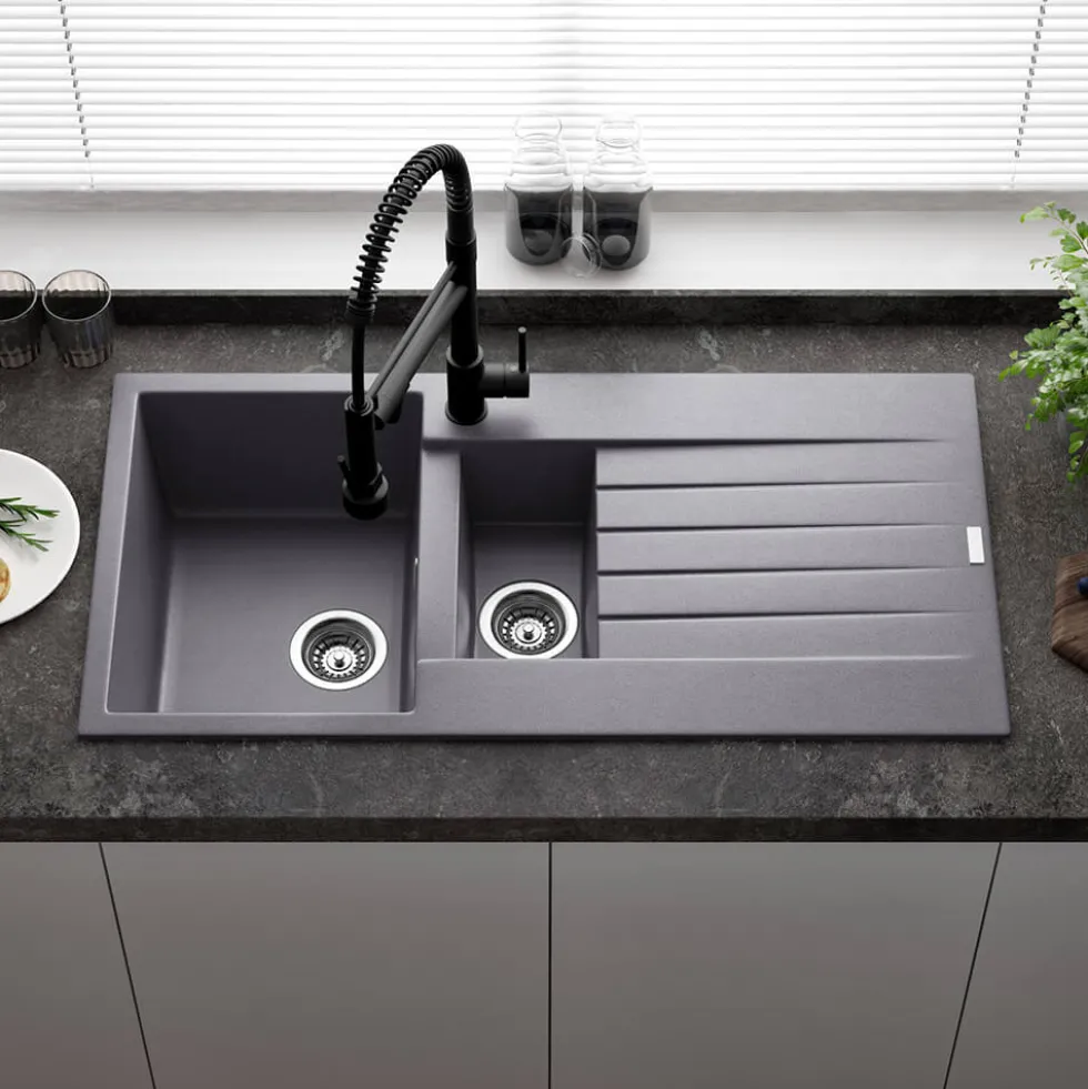 Reginox Harlem 1.5 Bowl Grey Silvery Granite Composite Sink & Waste Kit and Vellamo Revolve Stainless Steel Mono Kitchen Mixer