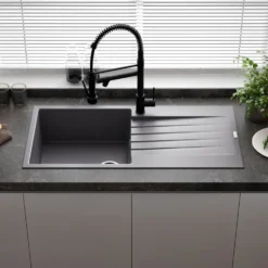 Reginox Harlem 1 Bowl Grey Silvery Granite Composite Sink & Waste Kit and Vellamo Hanbury Pull Out Mono Kitchen Mixer