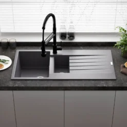 Reginox Harlem 1.5 Bowl Grey Silvery Granite Composite Sink & Waste Kit and Vellamo Hanbury Pull Out Mono Kitchen Mixer