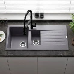 Reginox Harlem 1.5 Bowl Grey Silvery Granite Composite Sink & Waste Kit and Vellamo Hanbury Pull Out Mono Kitchen Mixer