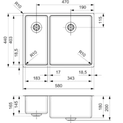 Reginox New York 1.5 Bowl Undermount or Inset Stainless Steel Kitchen Sink and Integrated Waste - 580 x 440mm
