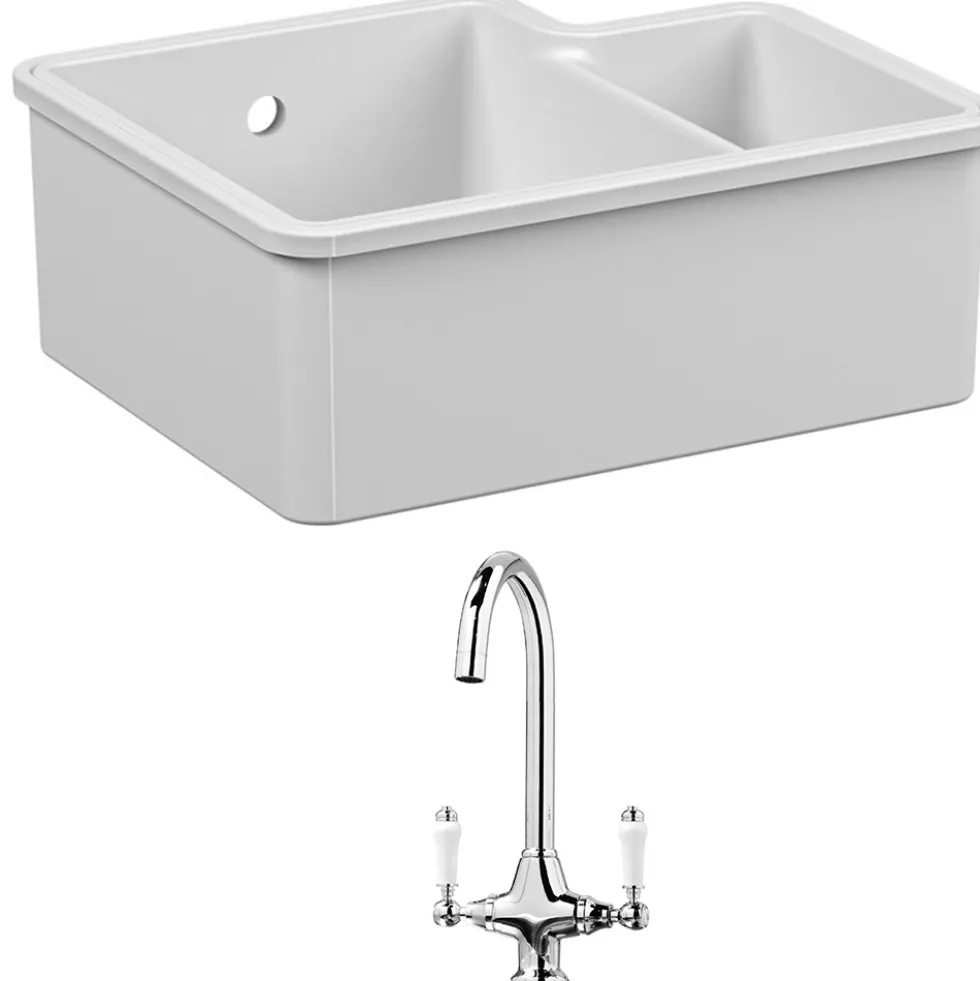 Reginox Tuscany 1.5 Bowl Undermount Ceramic Sink & Waste and Butler & Rose Victoria Traditional Mono Kitchen Mixer Tap
