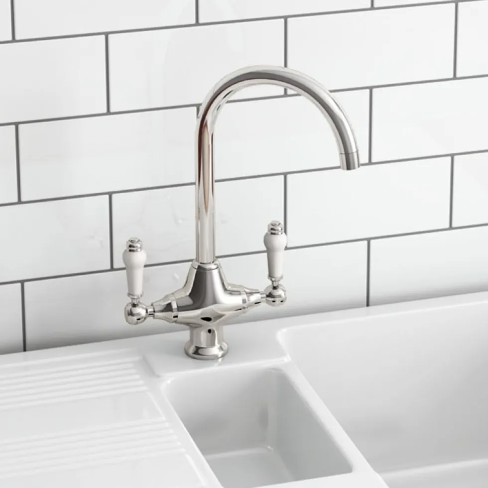 Reginox Tuscany 1.5 Bowl Undermount Ceramic Sink & Waste and Butler & Rose Victoria Traditional Mono Kitchen Mixer Tap