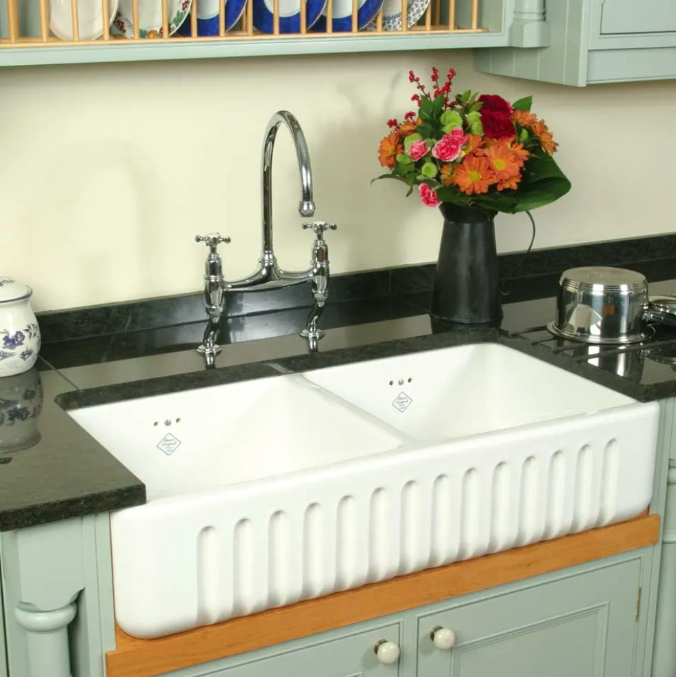 Shaws Ribchester White Ceramic Double Bowl Fluted Apron Front Sink - 795 x 465mm