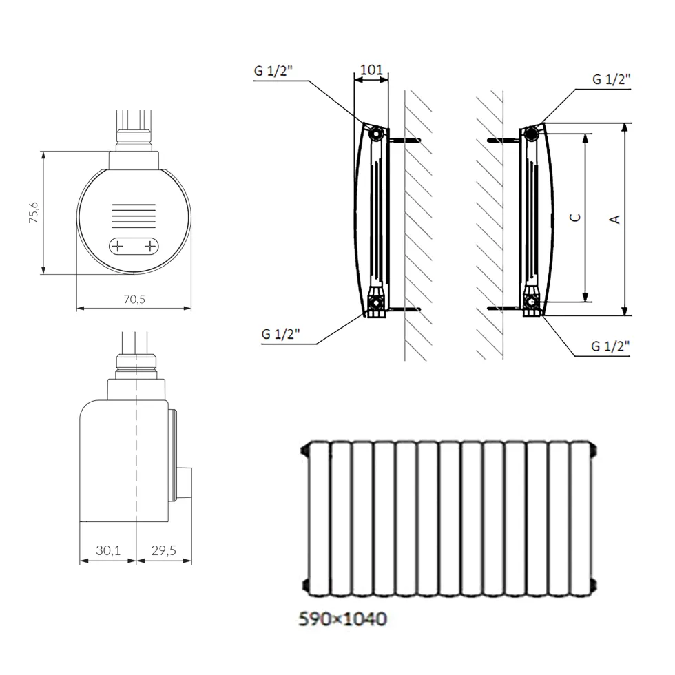 Terma Bergamo Electric Single Panel Horizontal Radiator with VEO Wi-Fi Controlled Heating Element