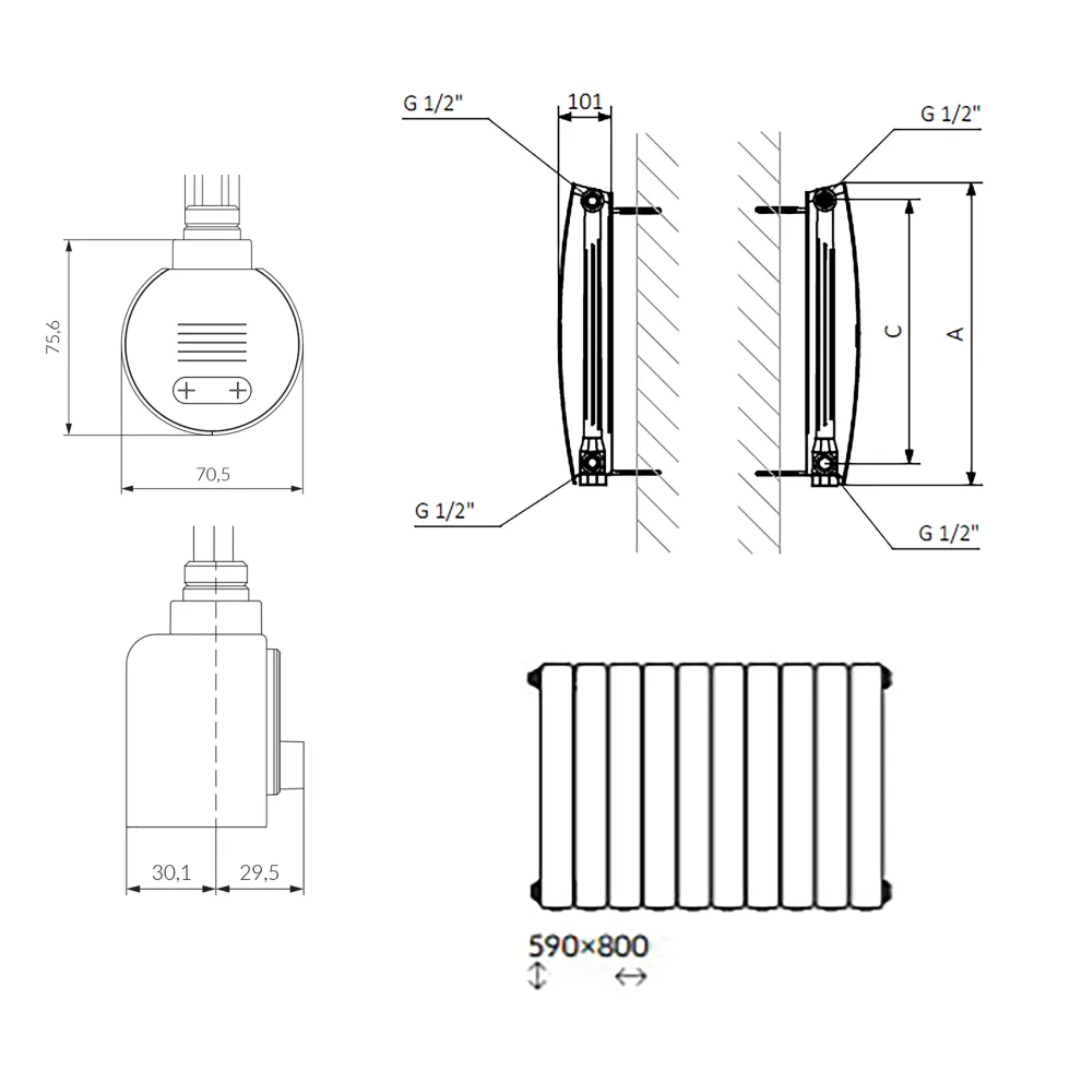 Terma Bergamo Electric Single Panel Horizontal Radiator with VEO Wi-Fi Controlled Heating Element