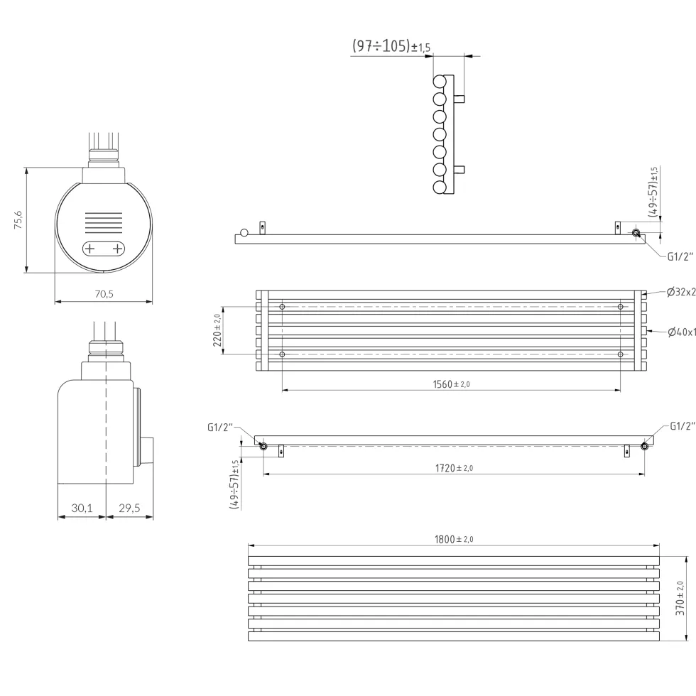 Terma Rolo Room E Single Panel 1800 x 370mm Electric Radiator with 800W Wi-Fi Controlled VEO Heating Element